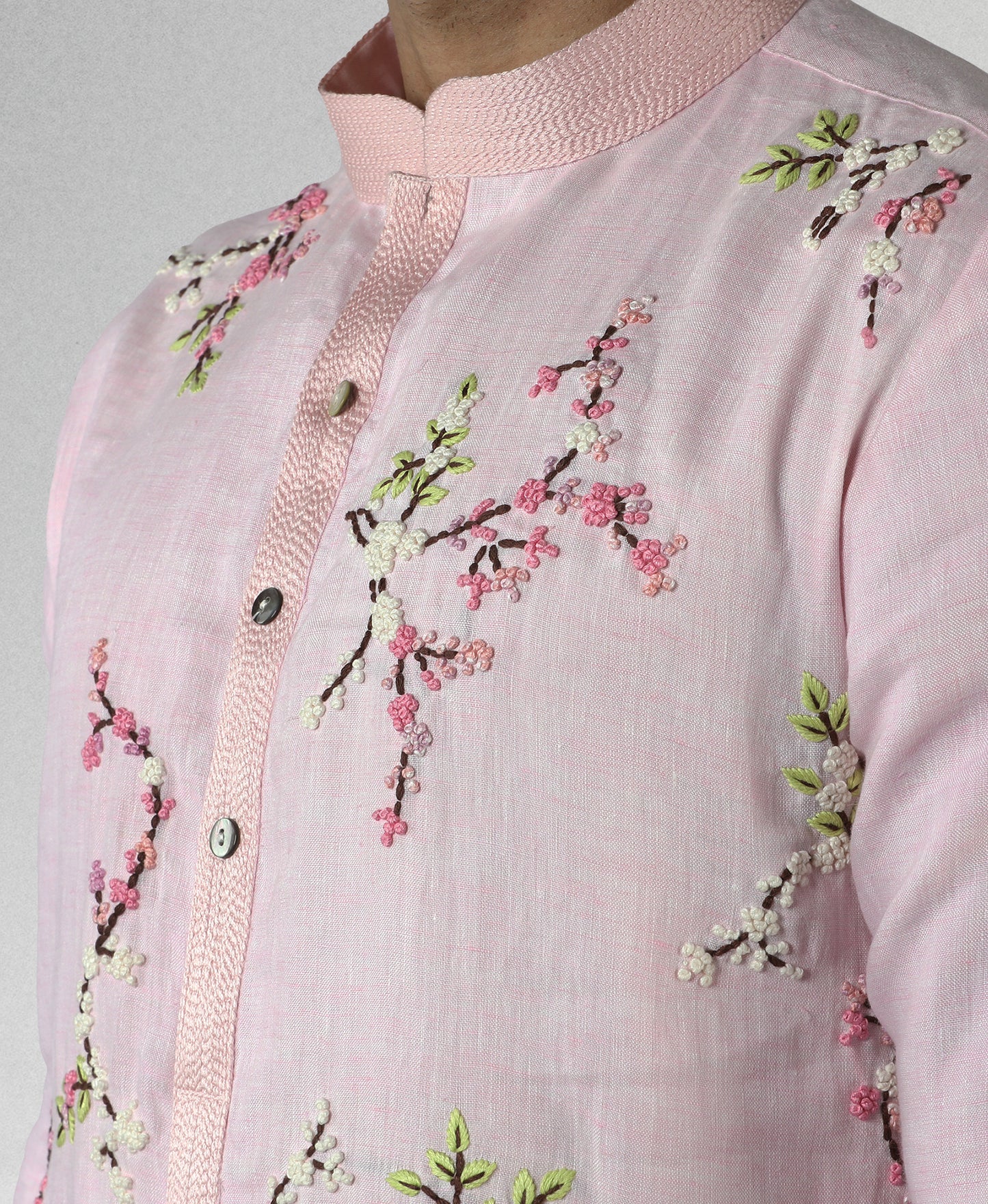Linen kurta with cherry blossom embroidery