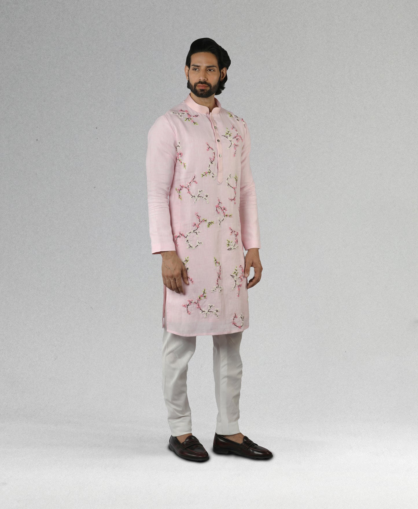 Linen kurta with cherry blossom embroidery