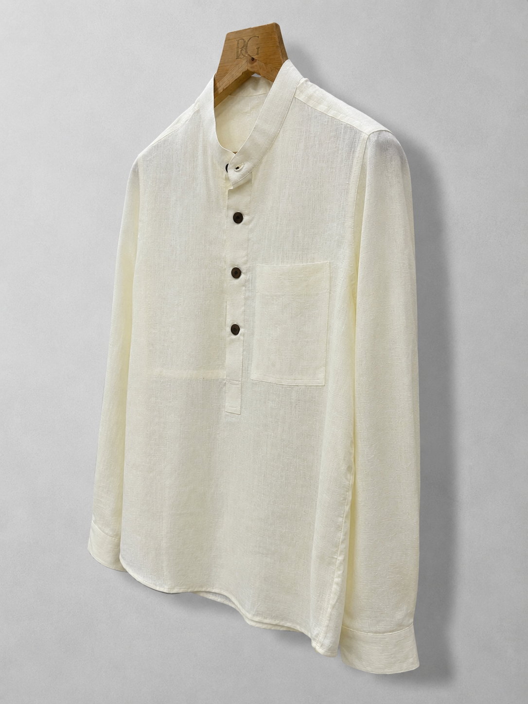 Cream Lightweight Linen Band Collar Shirt