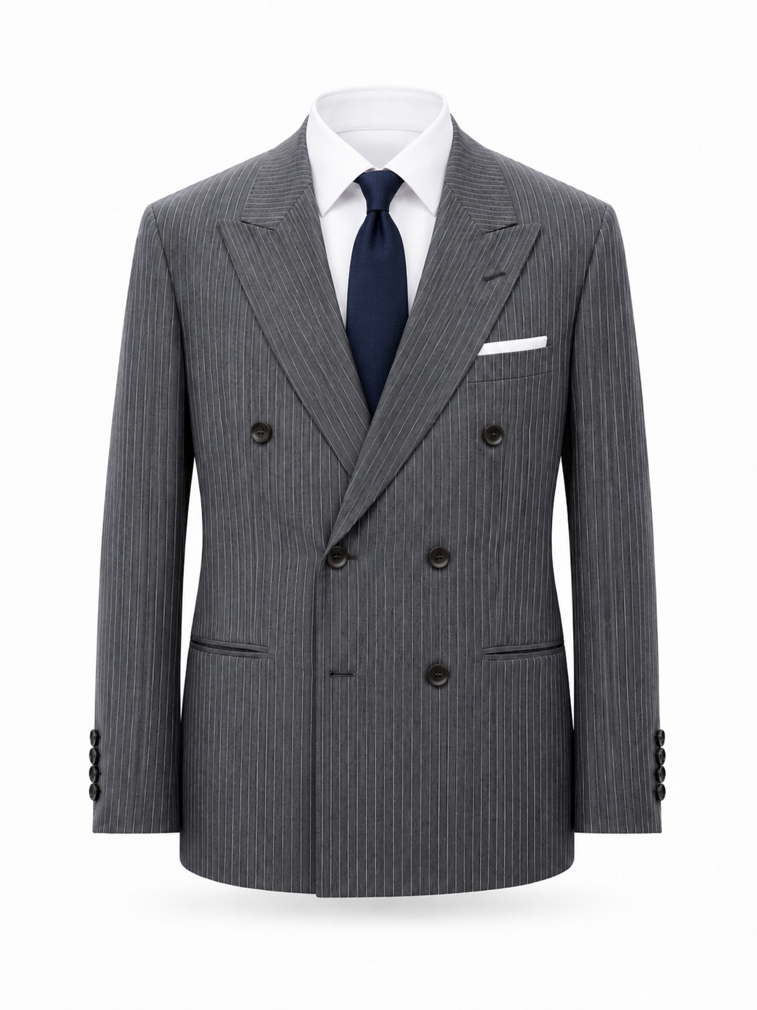 Grey Pinstripe Merino Wool Double-Breasted Blazer