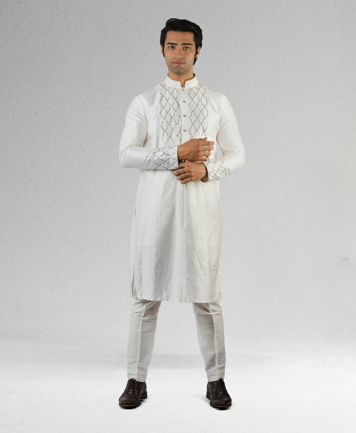 Ivory Silk Kurta with Geometric Embroidery