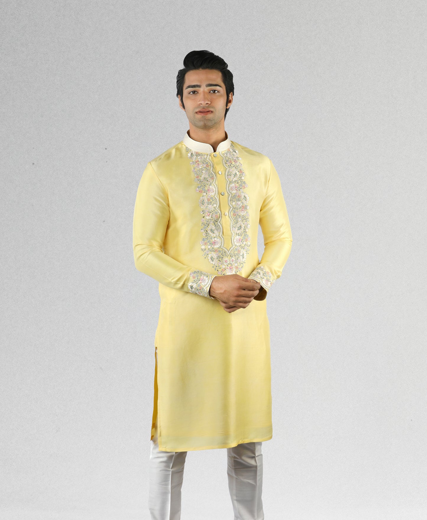 Light Yellow Kurta with Floral Embroidery