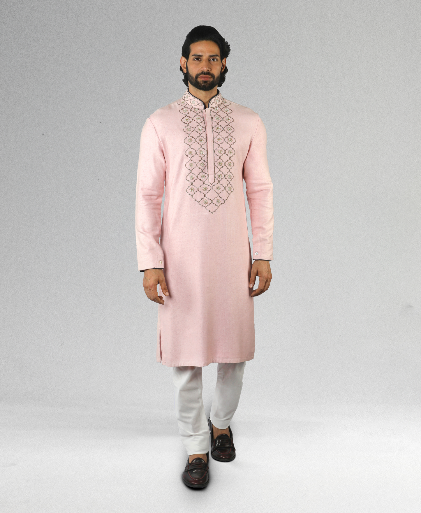 Pink Matka Silk kurta with Embroidery