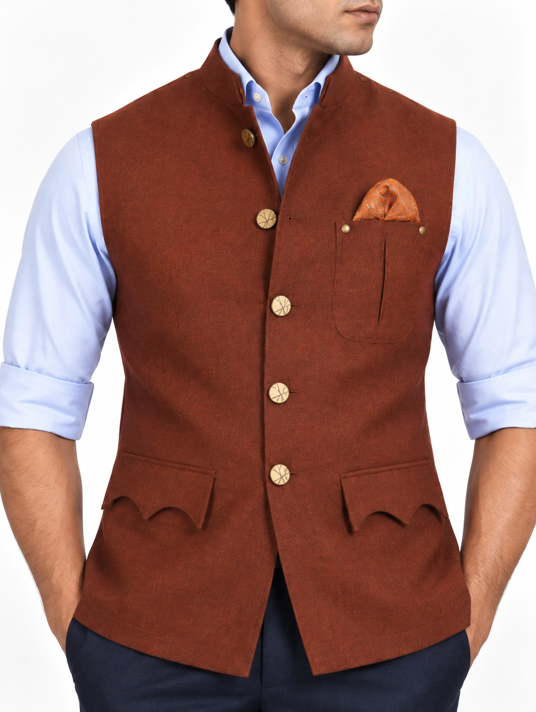 Burnt Rust Suede Utility Nehru Jacket