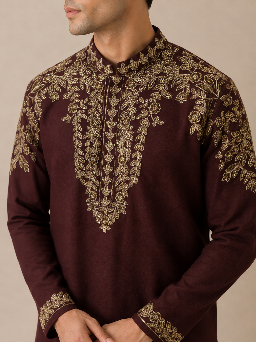 Burgundy Suede Embroidered Kurta