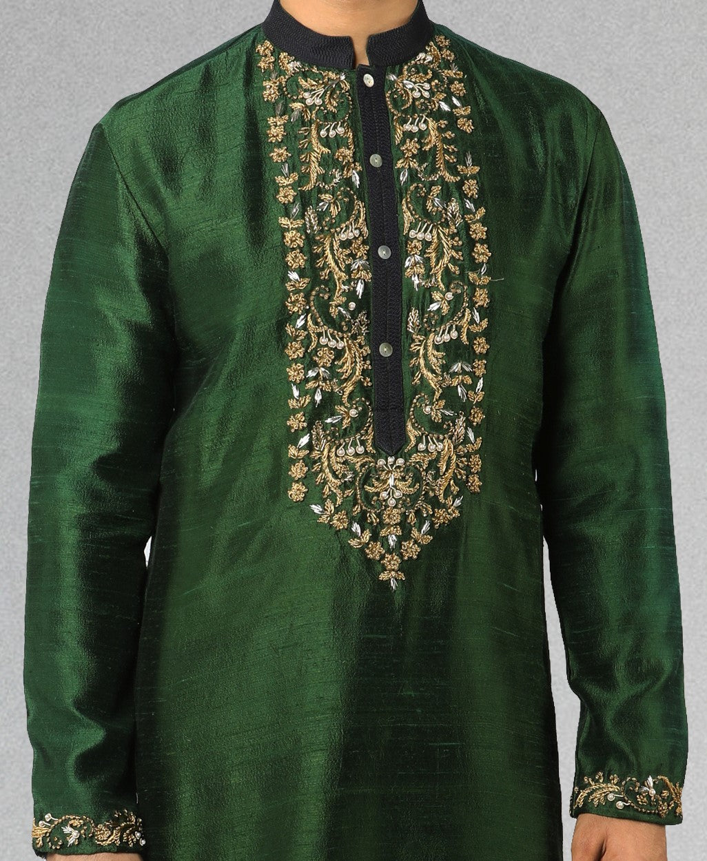 Bottle Green Silk Embroidered Kurta
