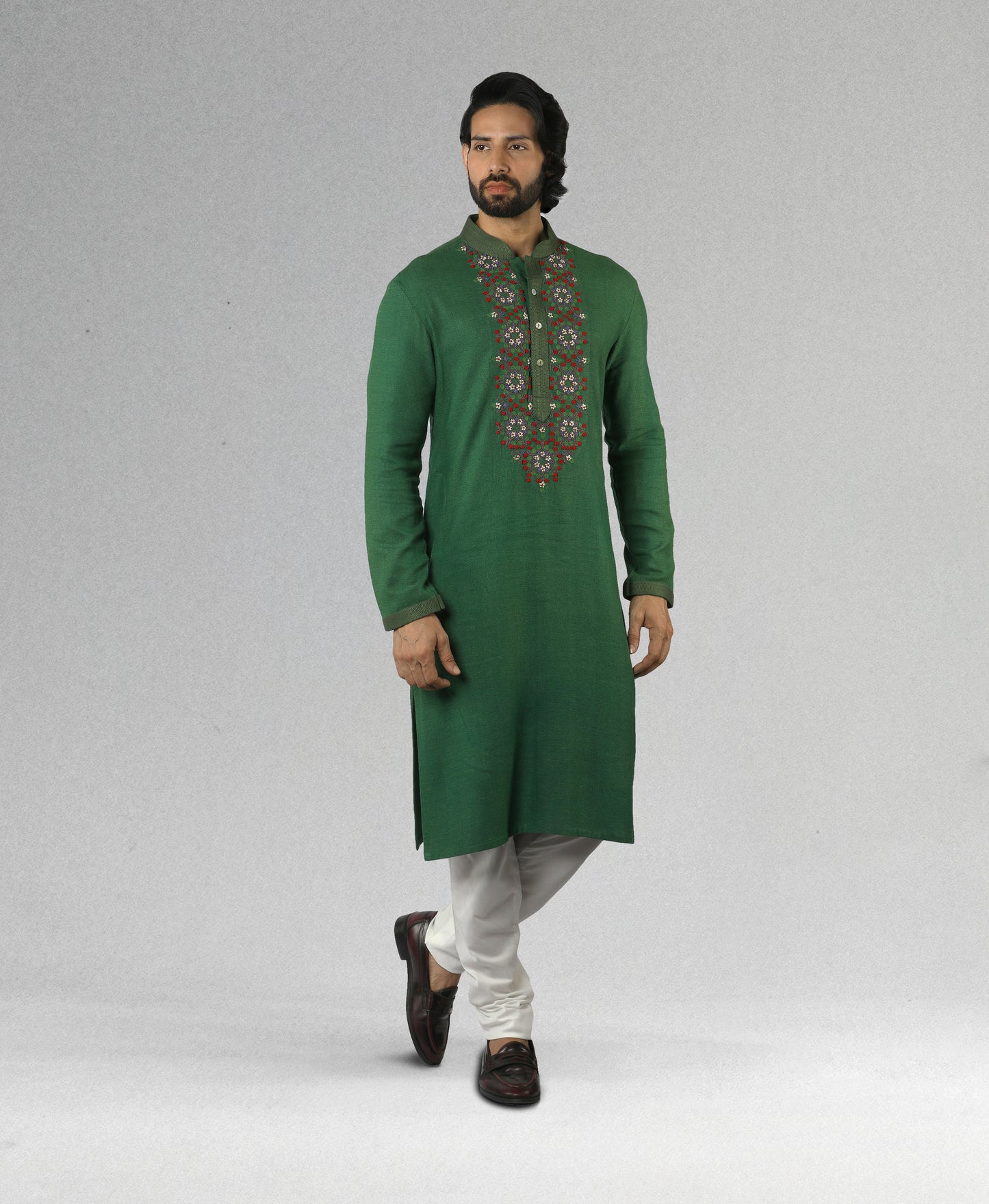 Dark Green Matka Silk Embroidered Kurta