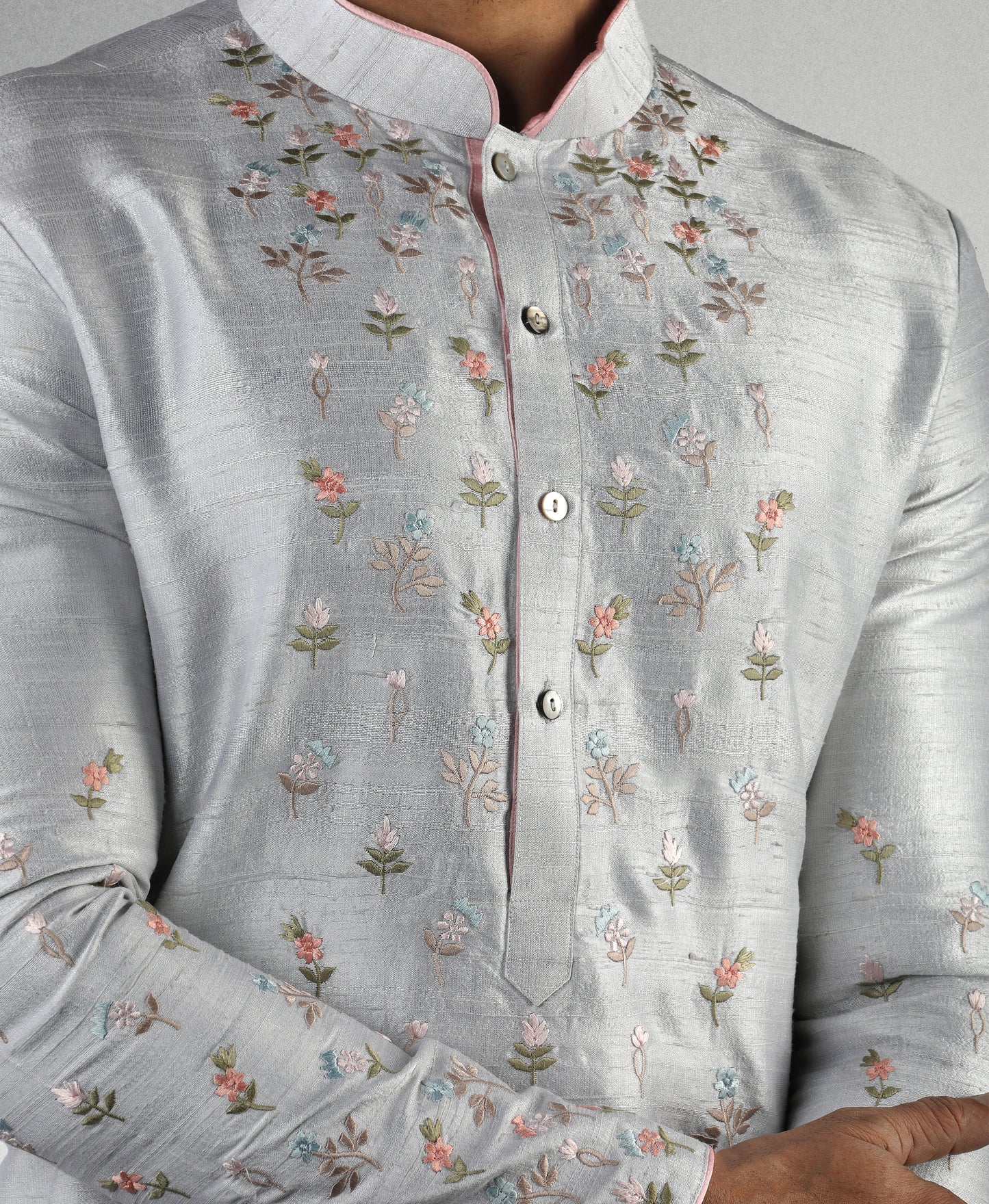 Grey Silk Kurta With Embroidery