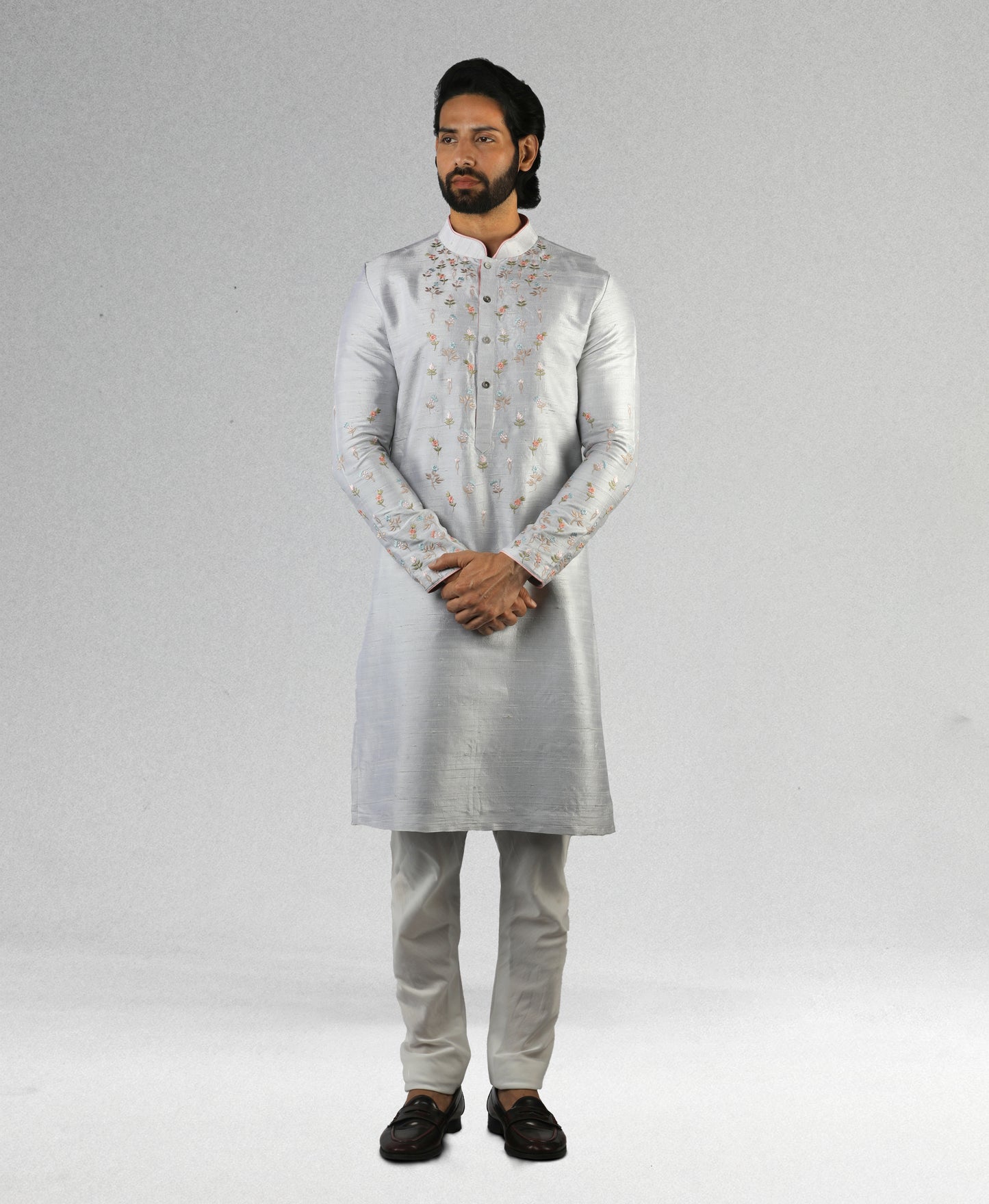 Grey Silk Kurta With Embroidery
