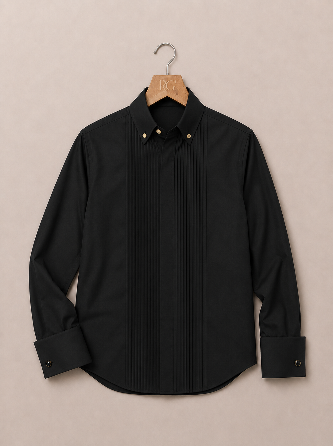 Black Giza Cotton Tuxedo Pleated Shirt