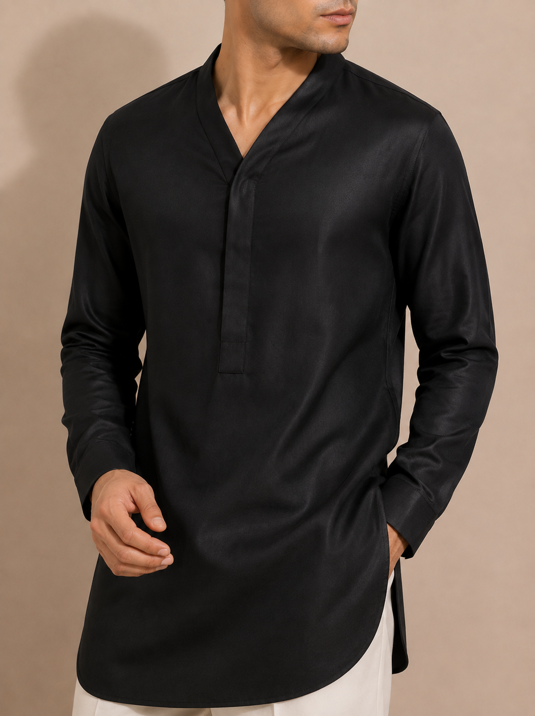 Noir Silk Kurta with Ivory Wool-Blend Trousers
