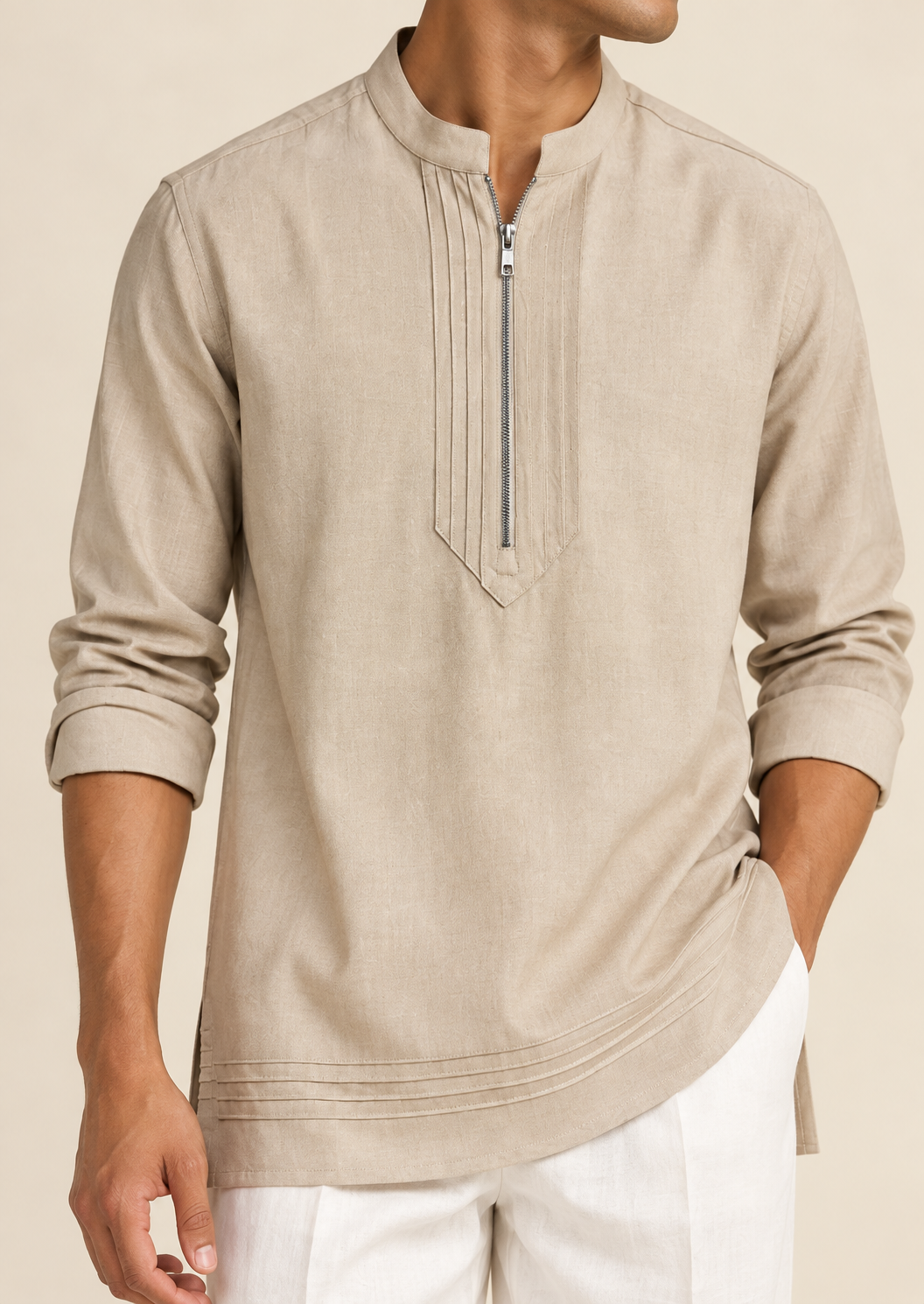 Light Beige Zipper Kurta detail
