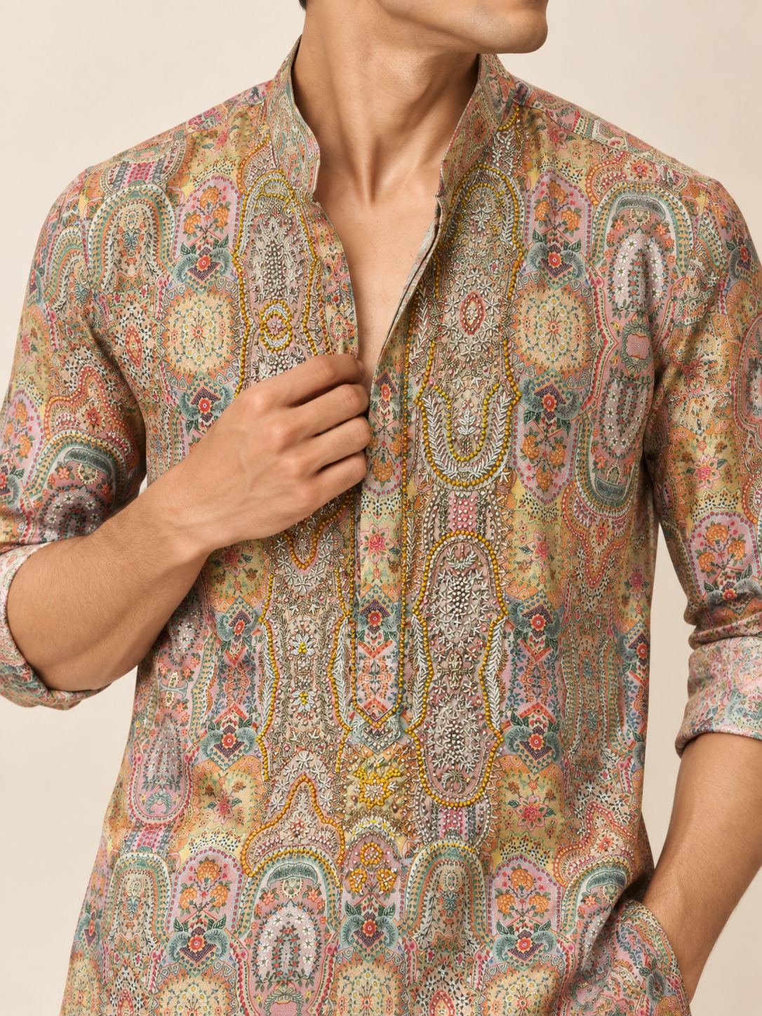Close-up of multicolour printed Japanese satin kurta with hand embroidery