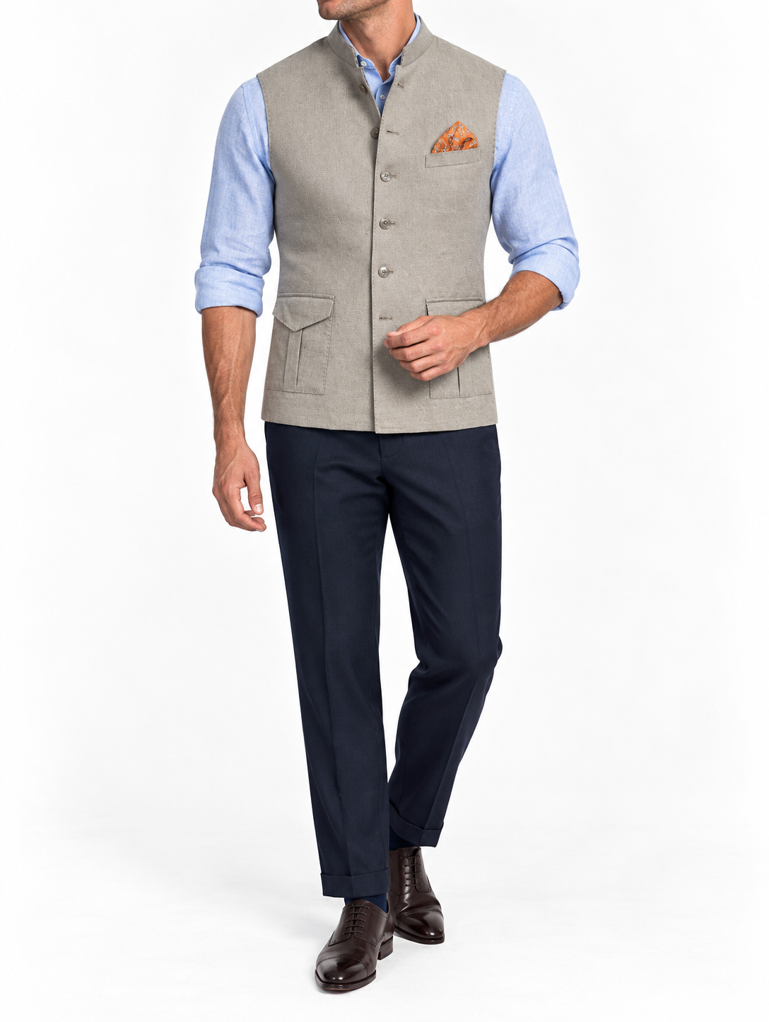 Natural Khaki Linen Nehru Jacket