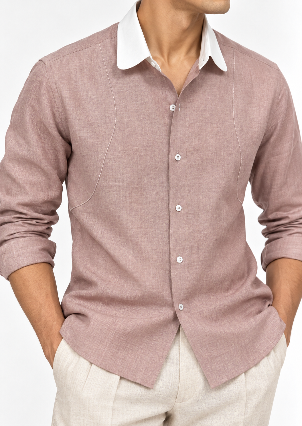 Onion Pink Linen Shirt with White Contrast Collar - front view