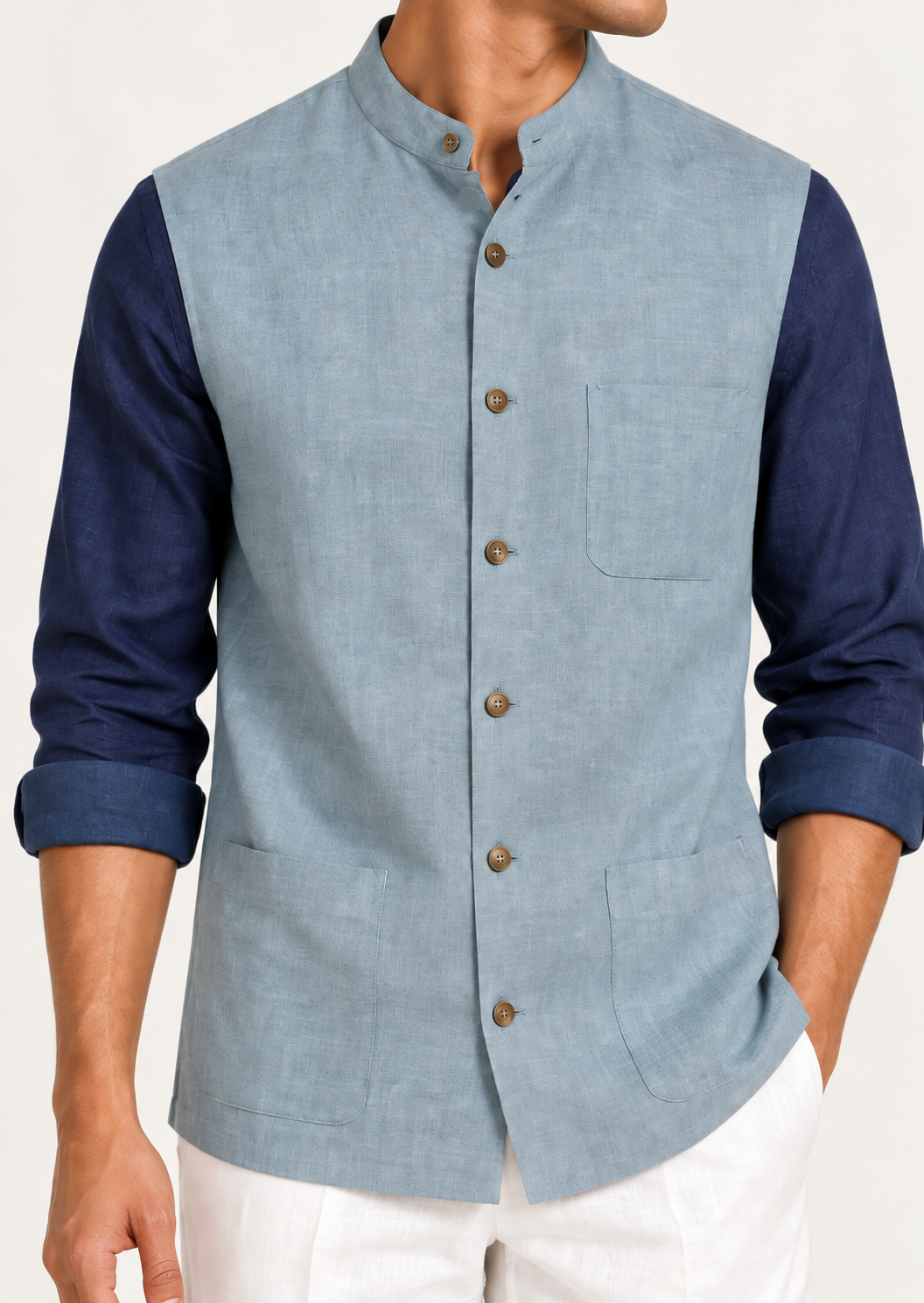 Powder Blue and Navy 60 Lea Linen Shirt detail