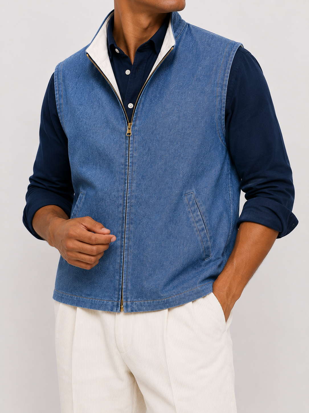 Vintage Blue & White Reversible Denim Nehru Jacket
