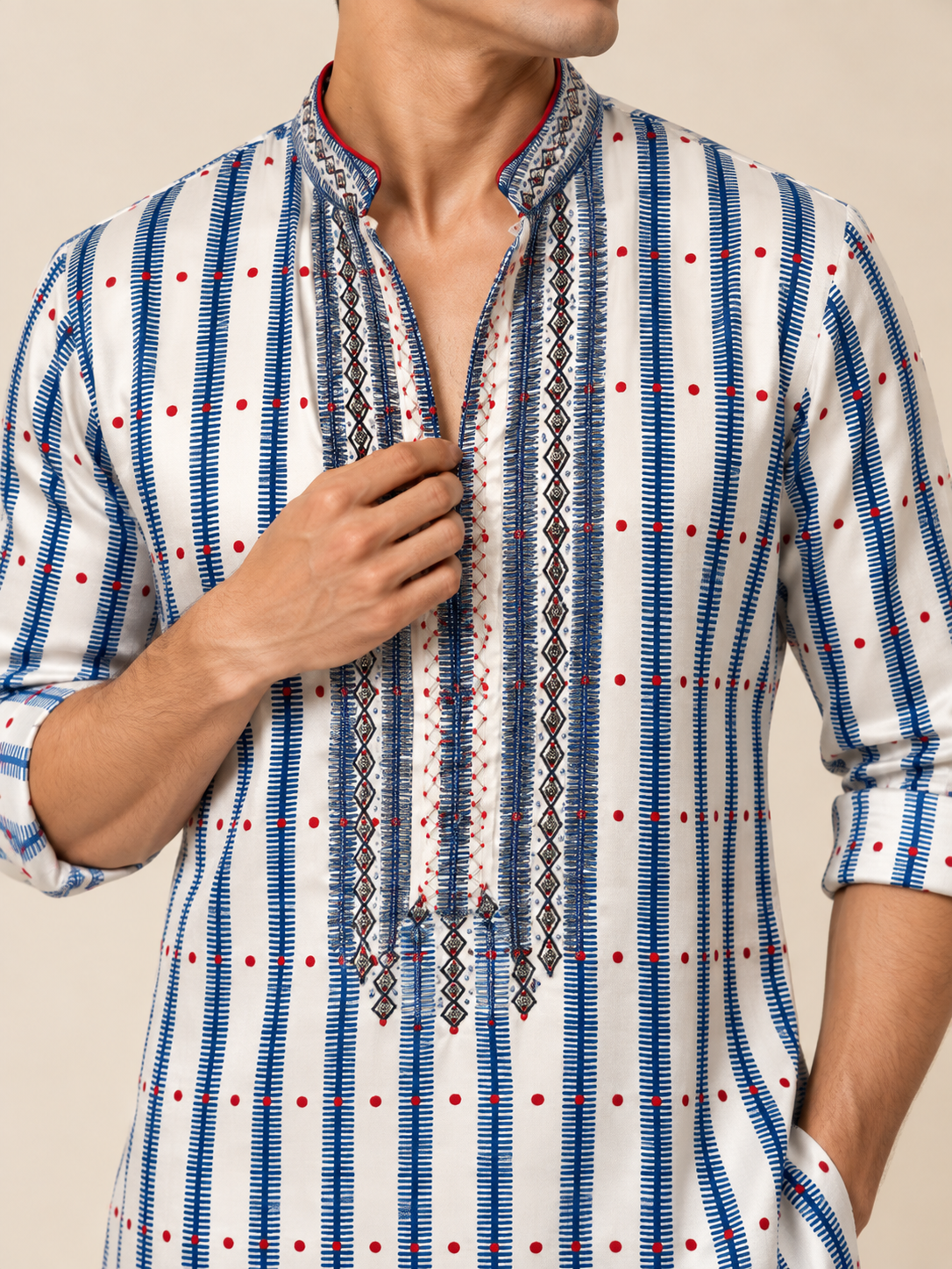 Close-up of white and blue Japanese satin hand-embroidered kurta