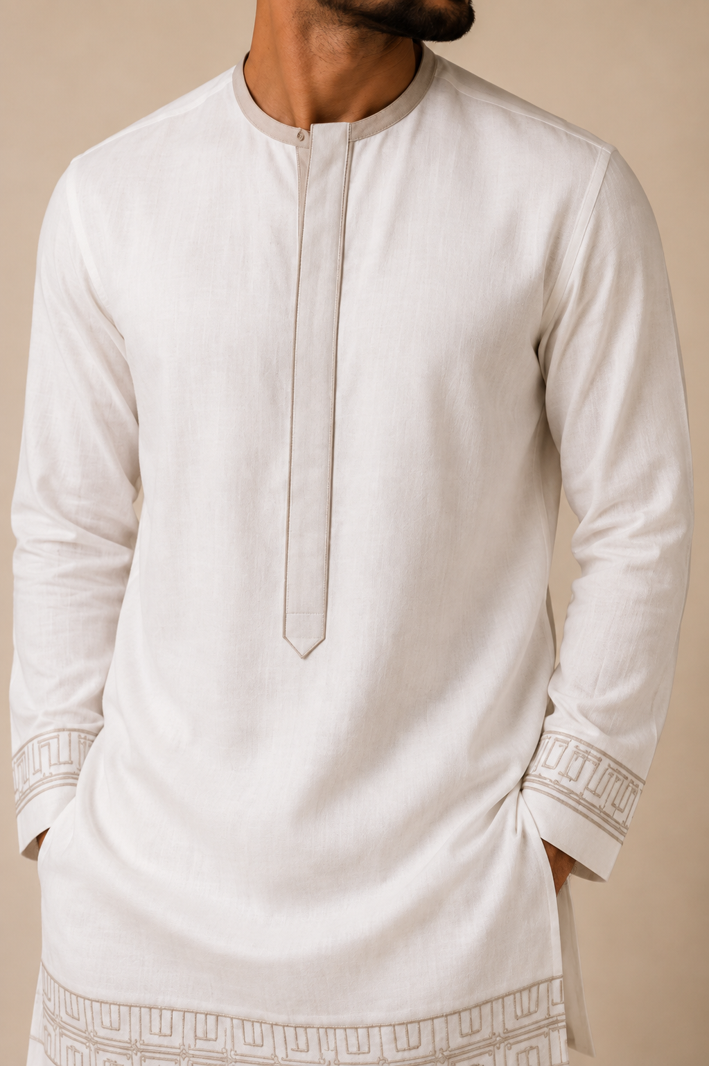 Ivory Geometric Embroidered Linen Kurta