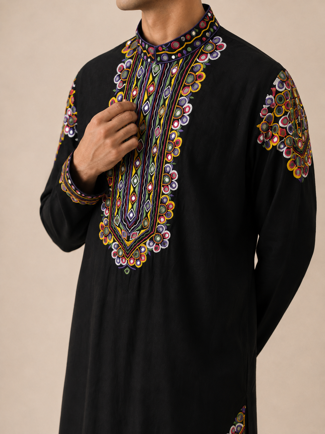 Black Silk Embroidered Kurta