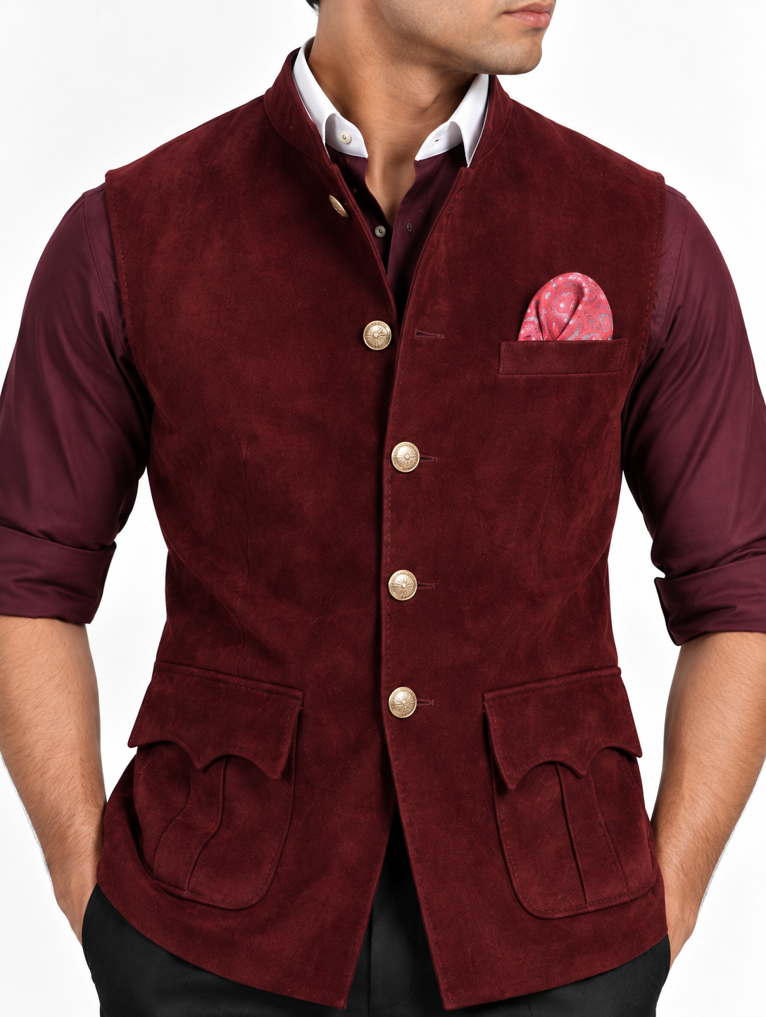 Burgundy Suede Utility Nehru Jacket