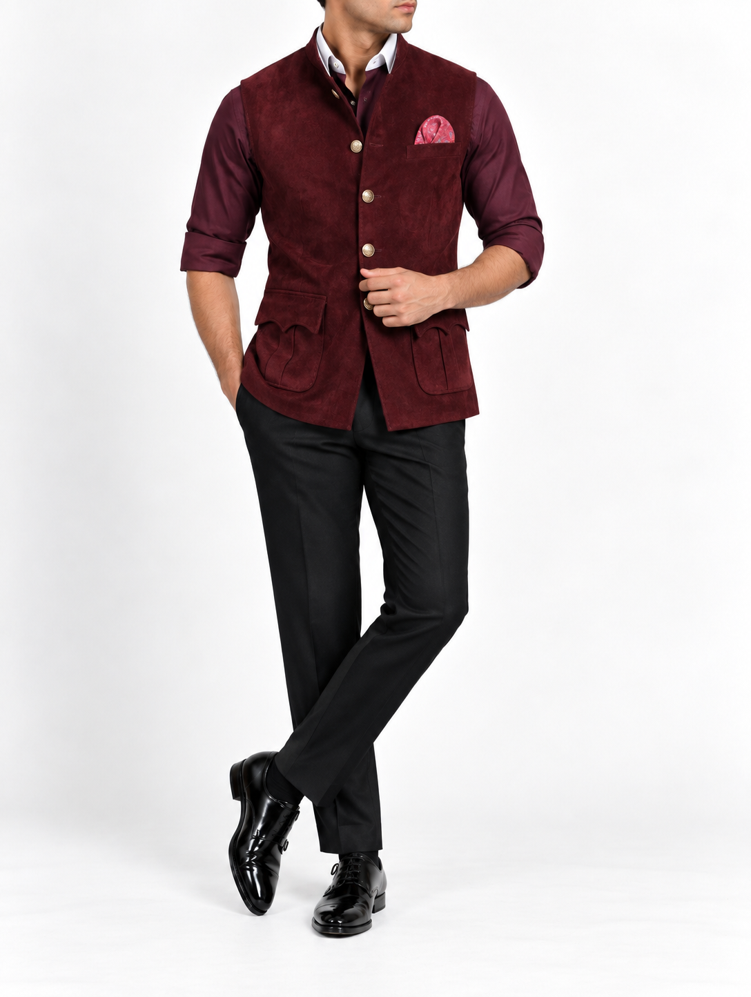 Burgundy Suede Utility Nehru Jacket