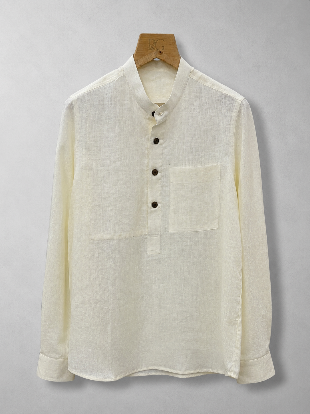 Cream Lightweight Linen Band Collar Shirt