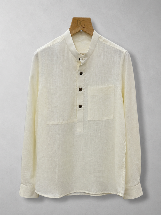Cream Lightweight Linen Band Collar Shirt