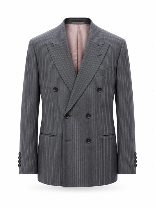 Grey Pinstripe Merino Wool Double-Breasted Blazer