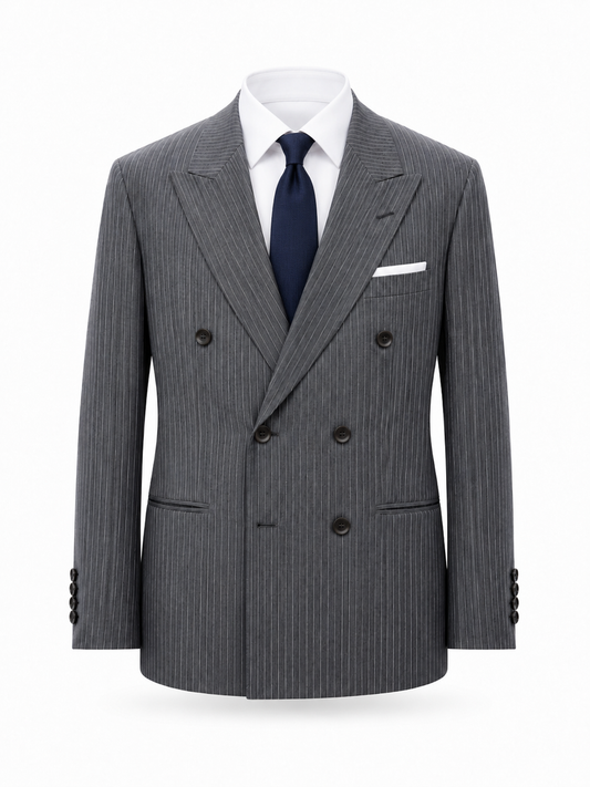 Grey Pinstripe Merino Wool Double-Breasted Blazer