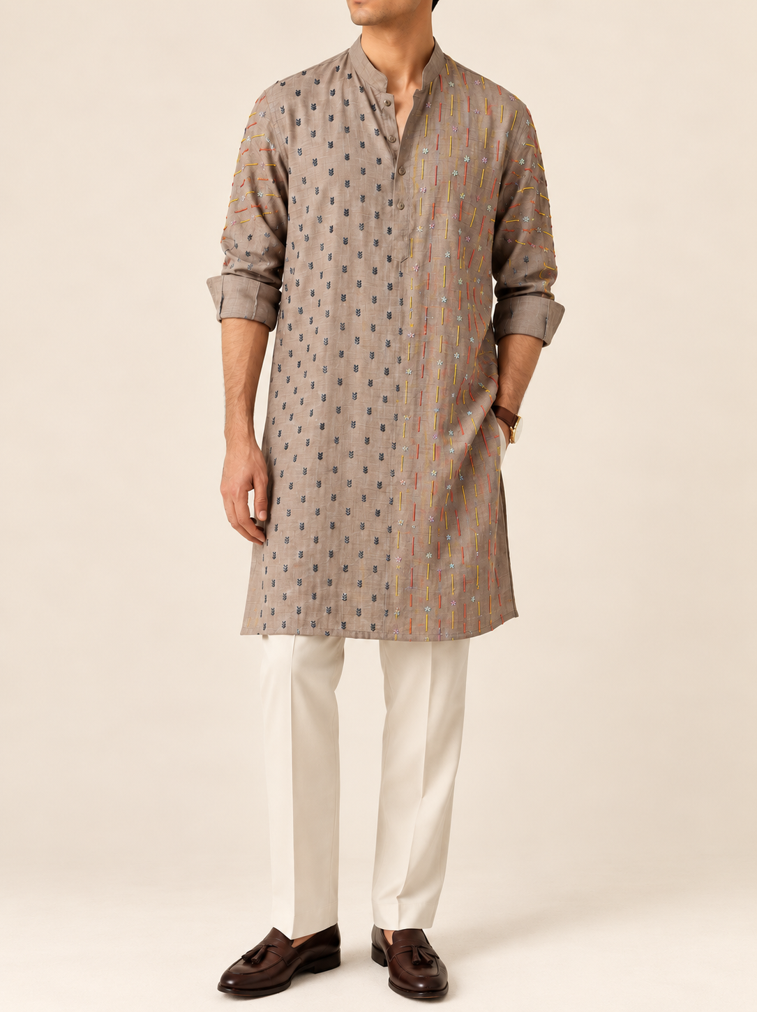 Taupe Silk-Blend Embroidered Kurta