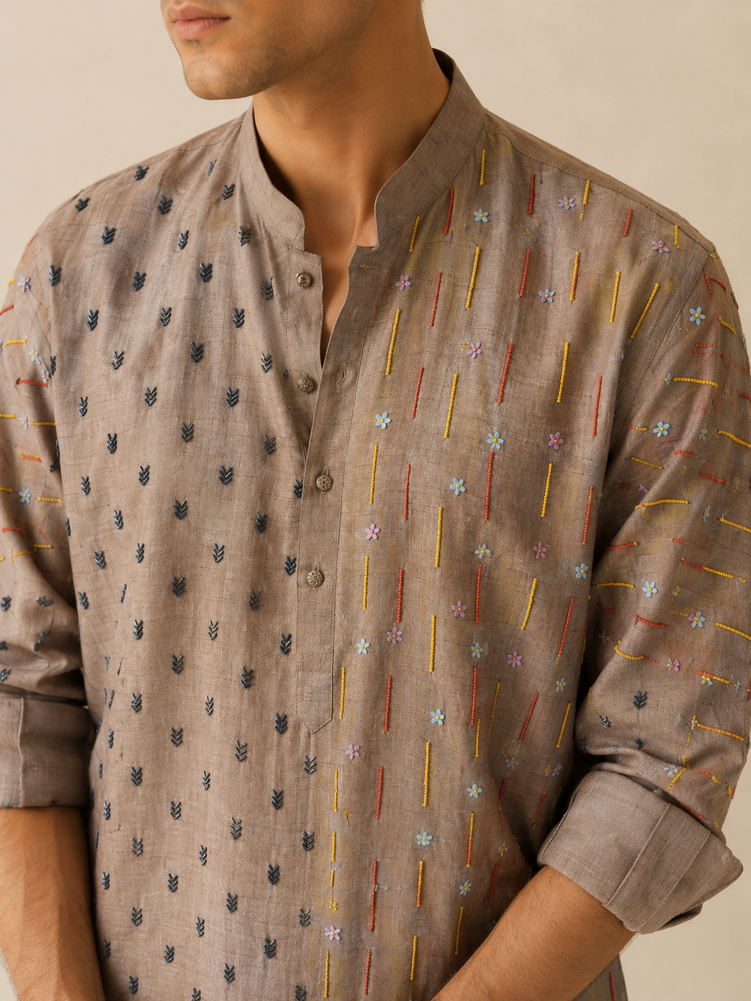 Taupe Silk-Blend Embroidered Kurta