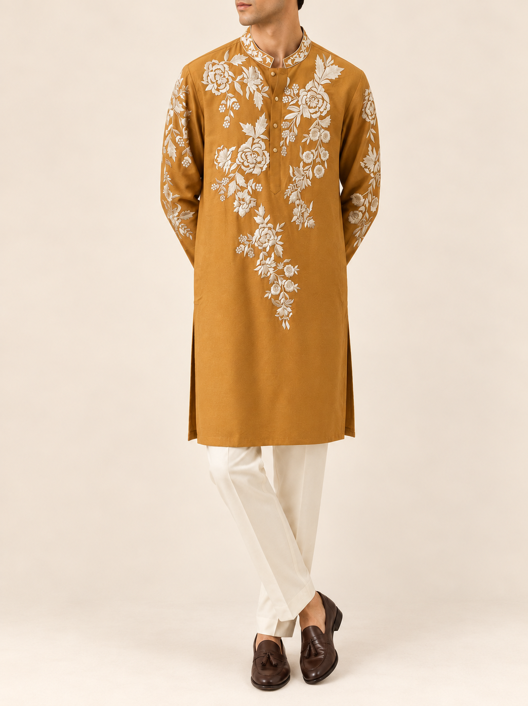 Mustard Gold Silk Embroidered Kurta