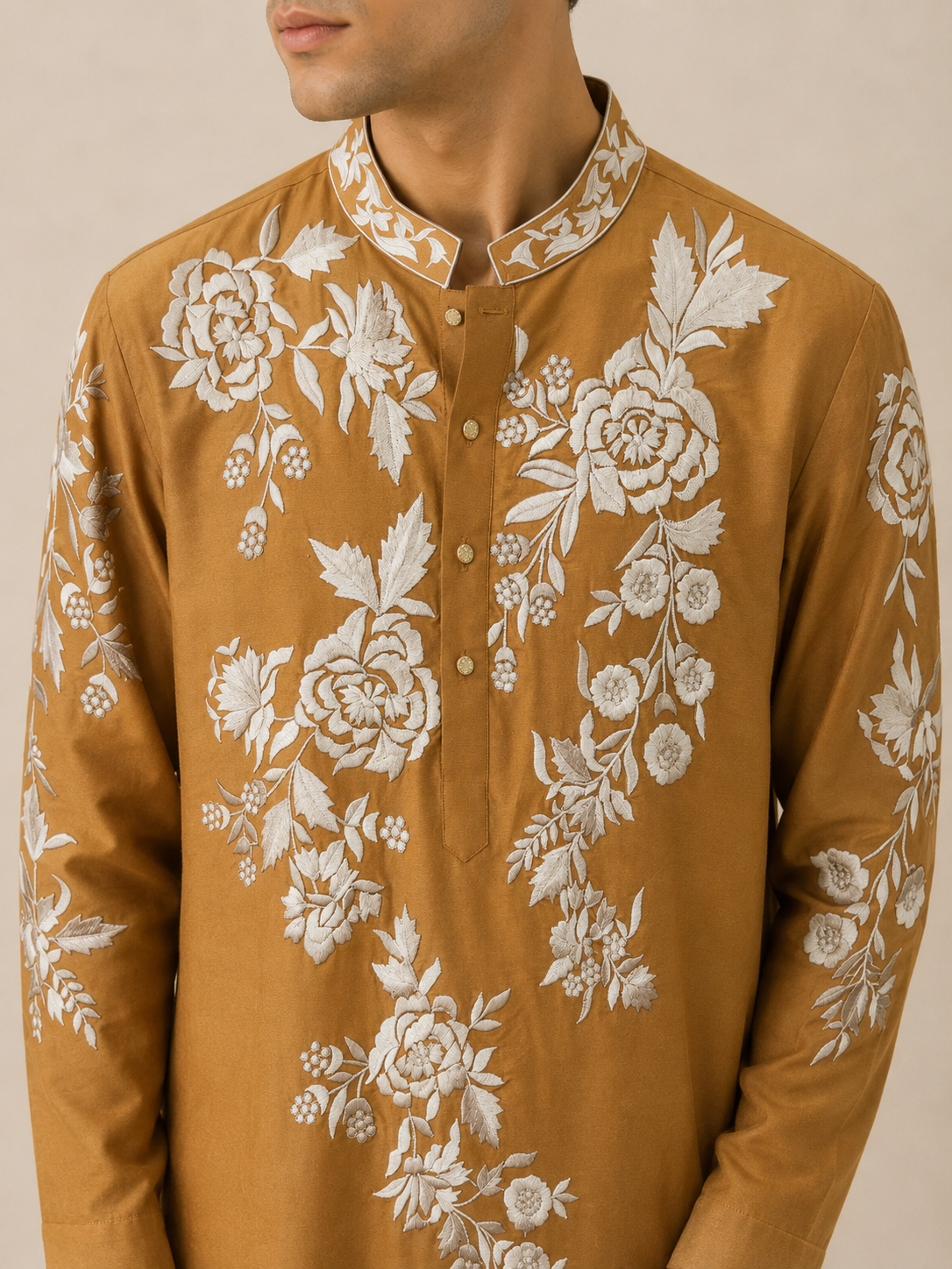 Mustard Gold Silk Embroidered Kurta
