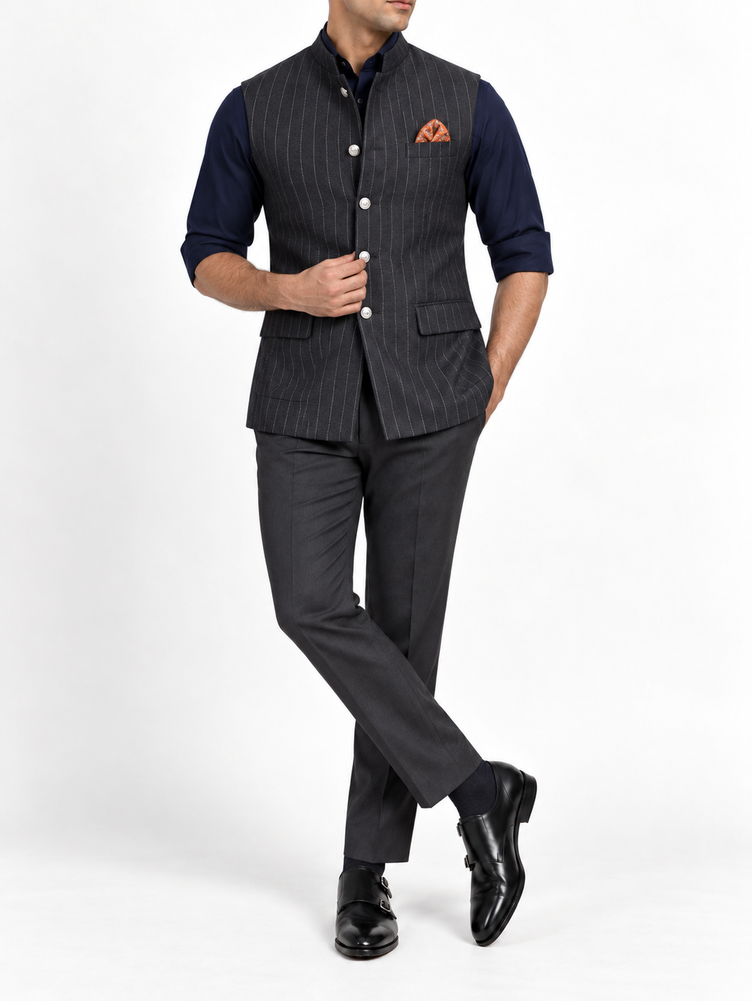 Charcoal Pinstripe Nehru Jacket