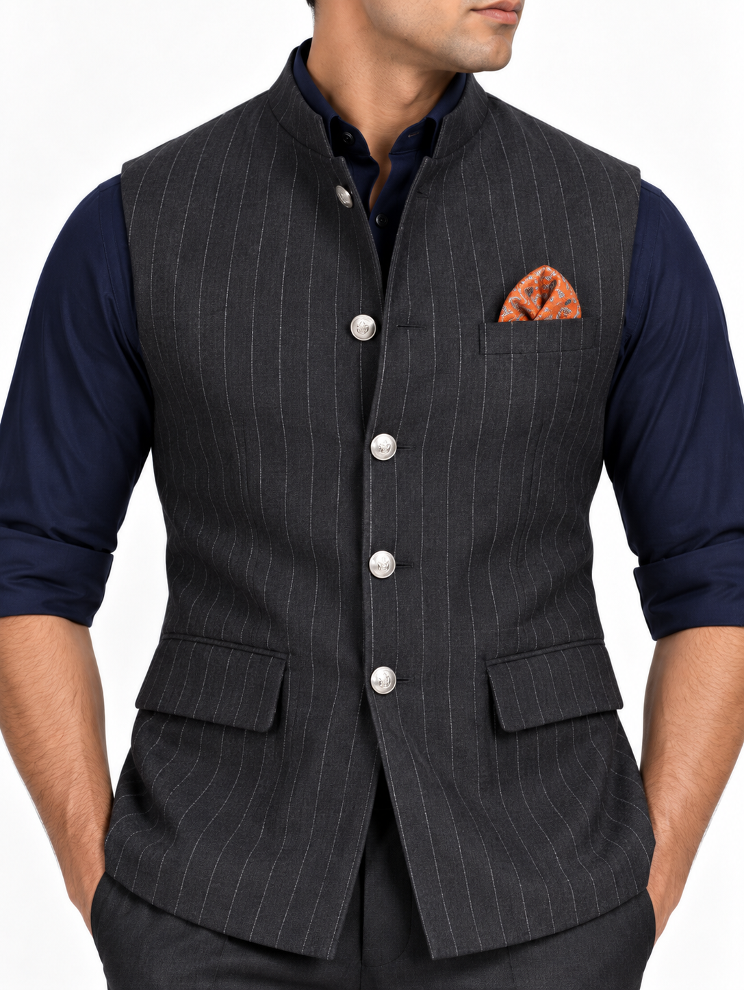 Charcoal Pinstripe Nehru Jacket