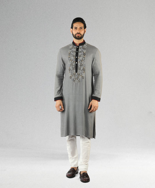 Charcoal grey embroidered kurta