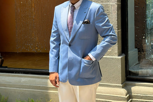 Sky Blue Herringbone Peak Lapel Blazer