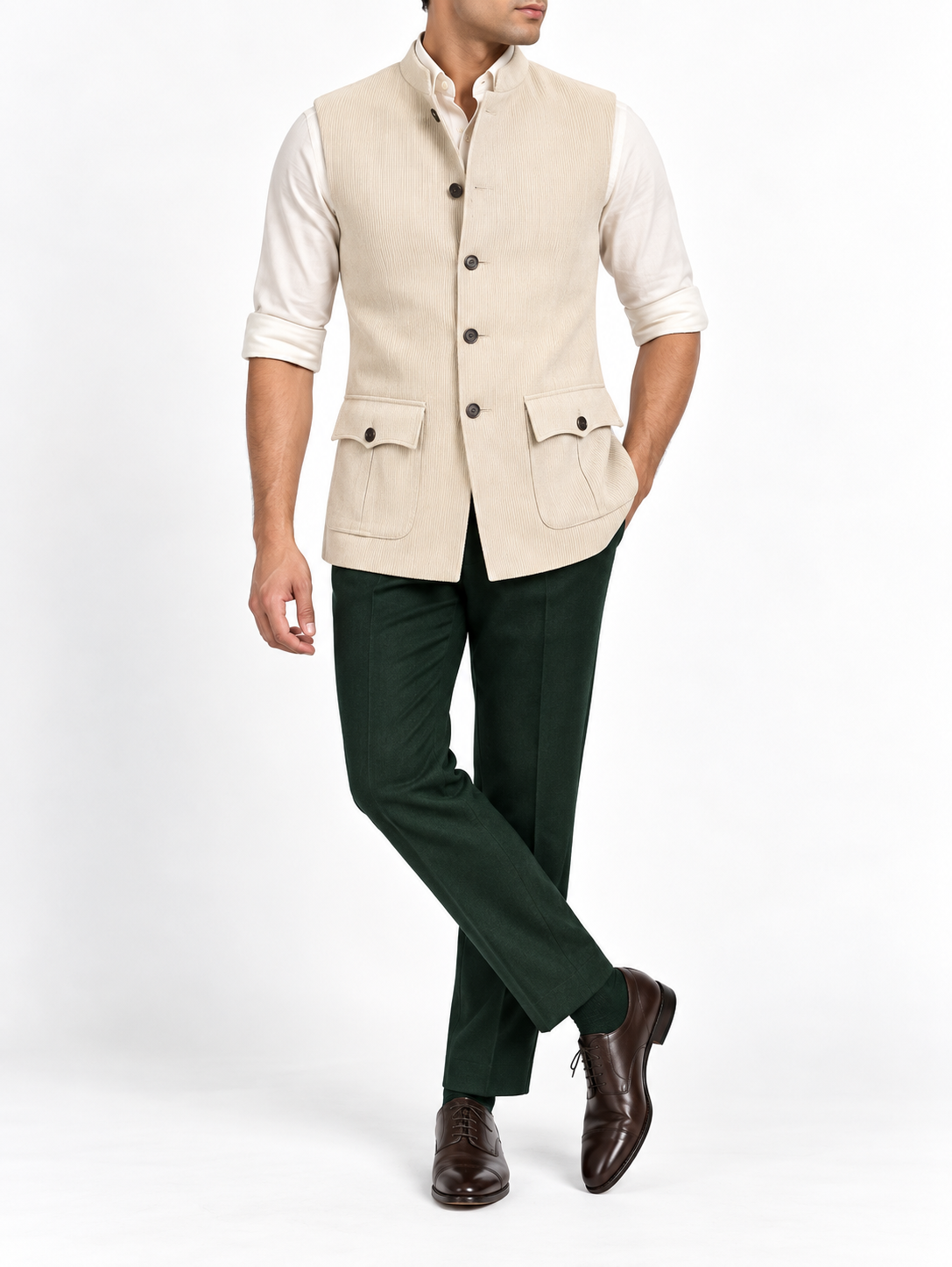 Ivory Corduroy Utility Nehru Jacket