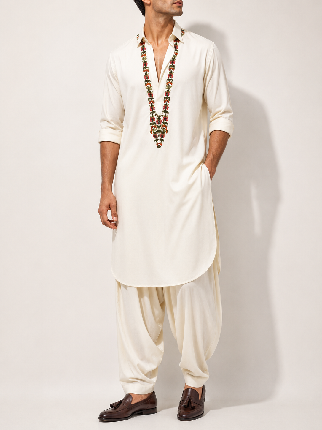 Ivory Silk Embroidered Pathani Kurta