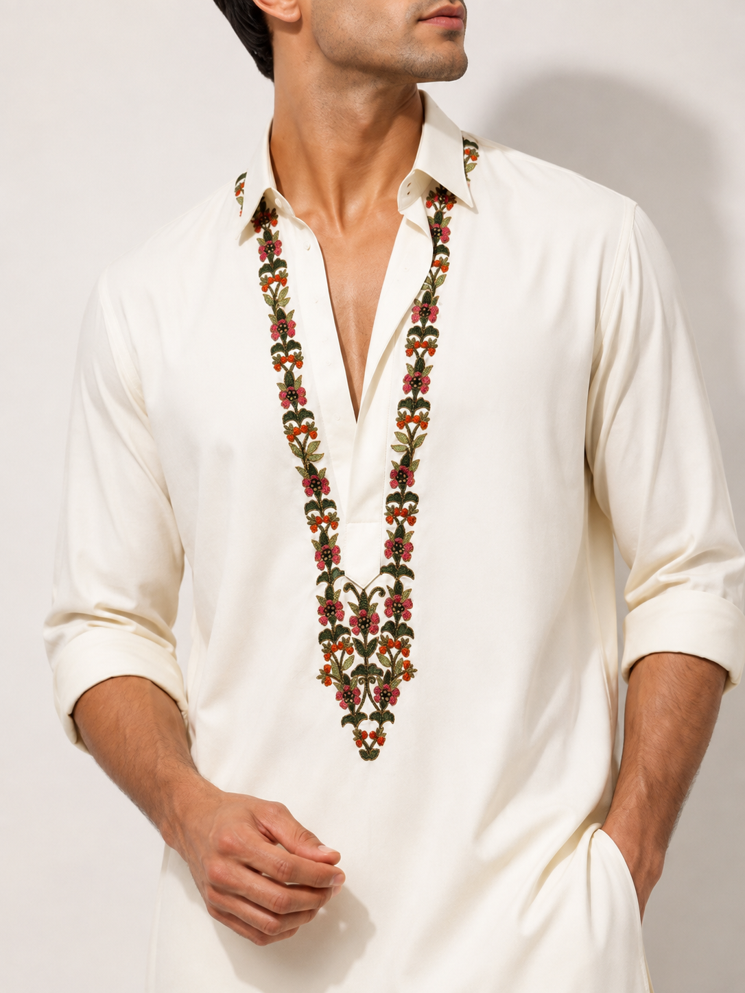 Ivory Silk Embroidered Pathani Kurta