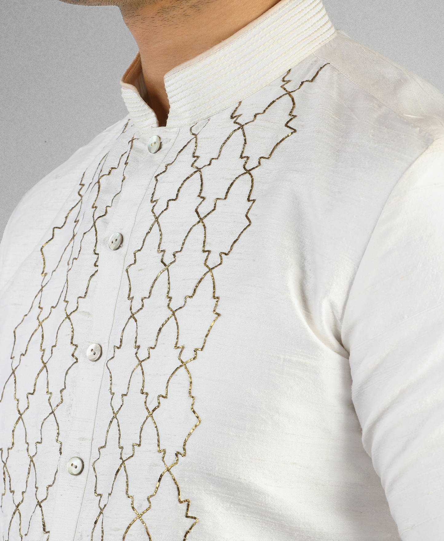 Ivory Silk Kurta with Geometric Embroidery