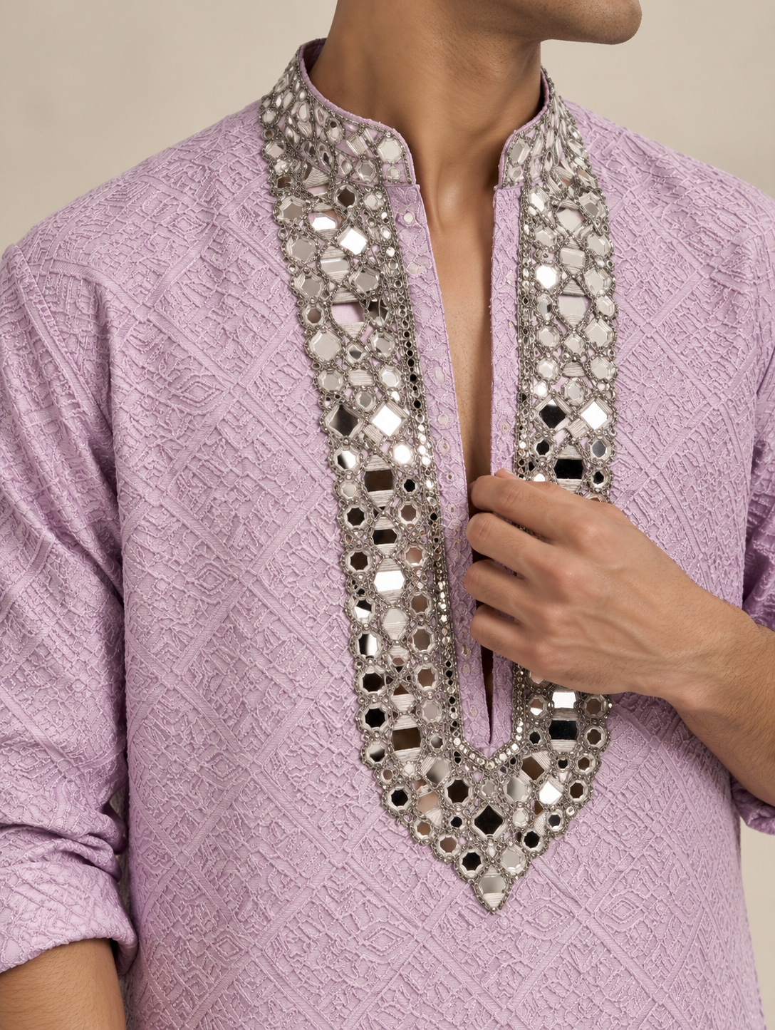 Lilac Mirror Work Kurta detail