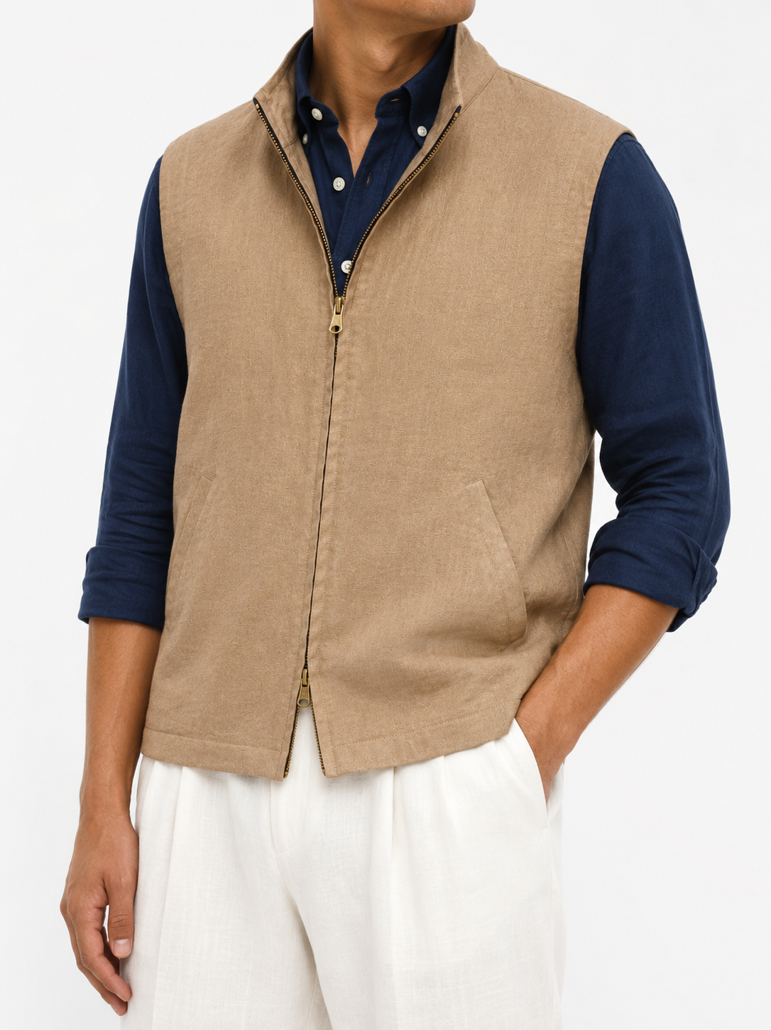 Reversible Linen Nehru Jacket — Navy / Khaki