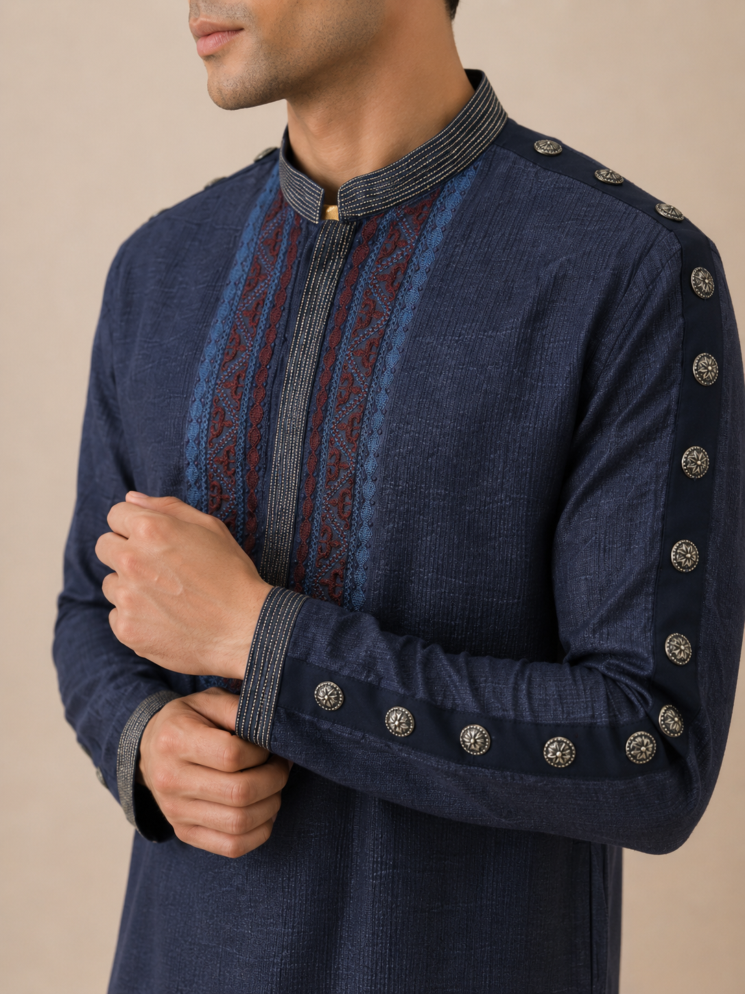 Navy Pleated Embroidered Kurta