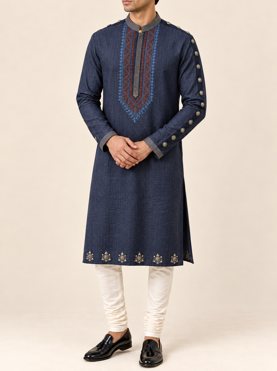 Navy Pleated Embroidered Kurta