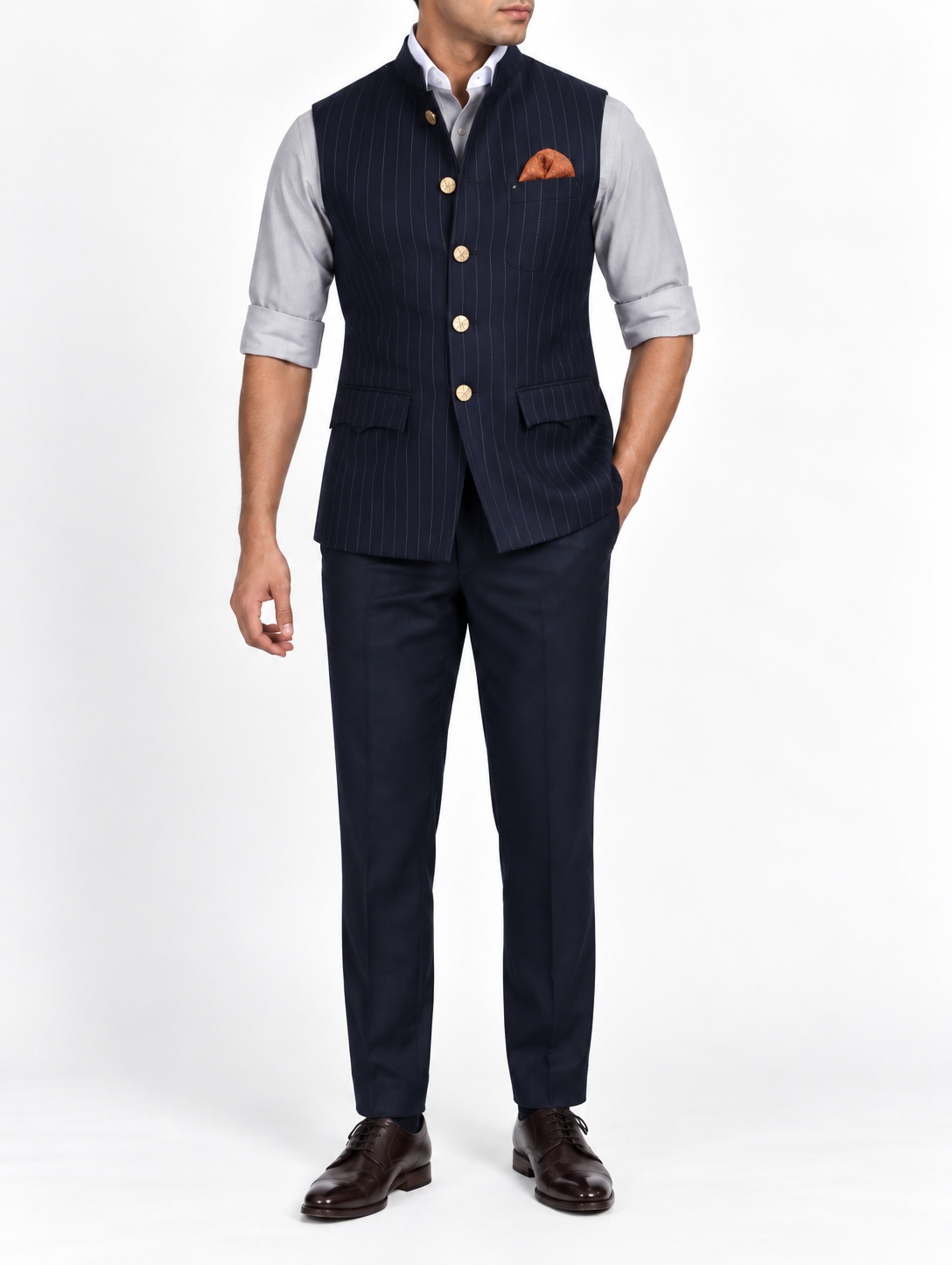Midnight Pinstripe Wool Nehru Jacket