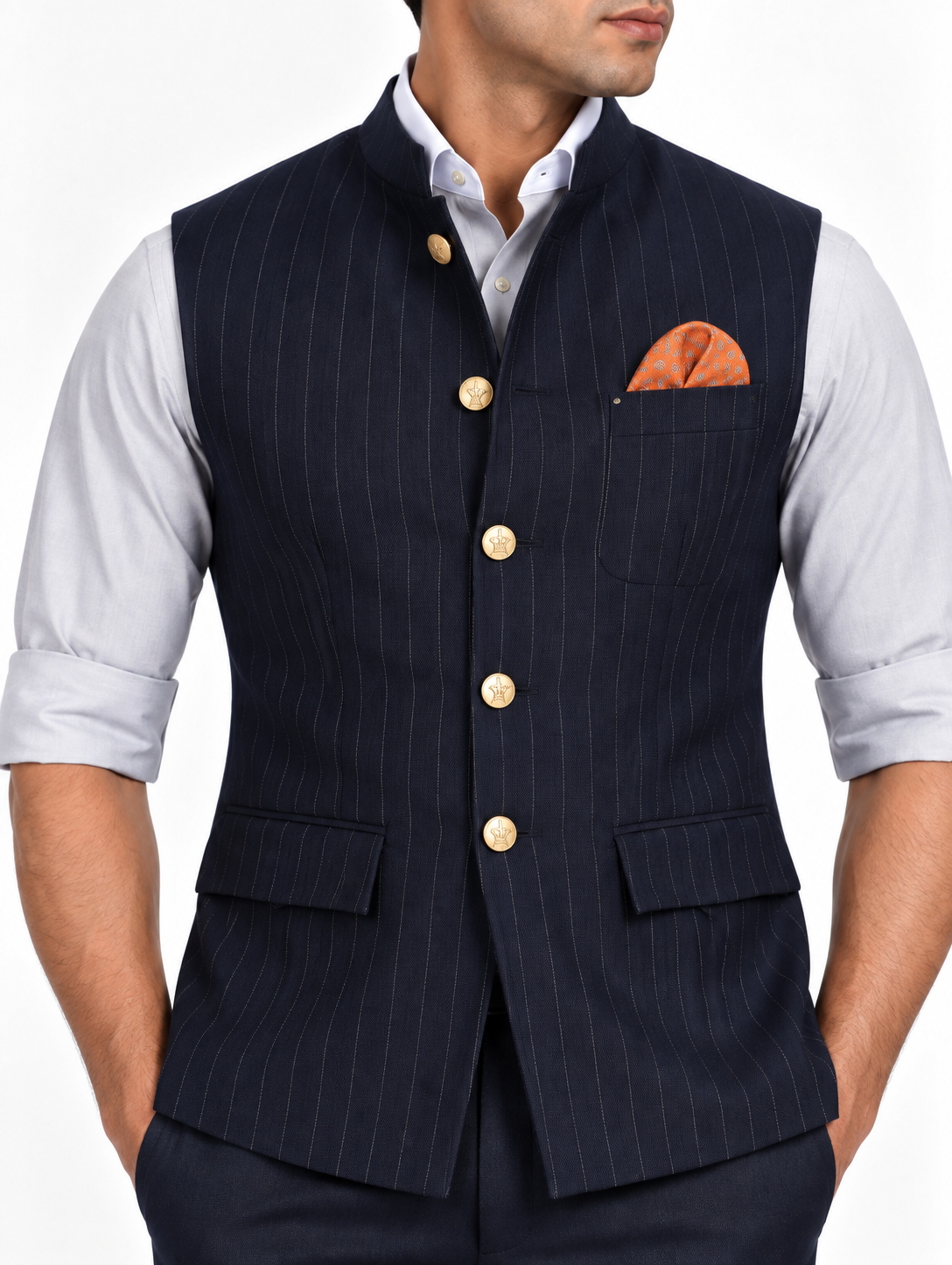 Midnight Pinstripe Wool Nehru Jacket