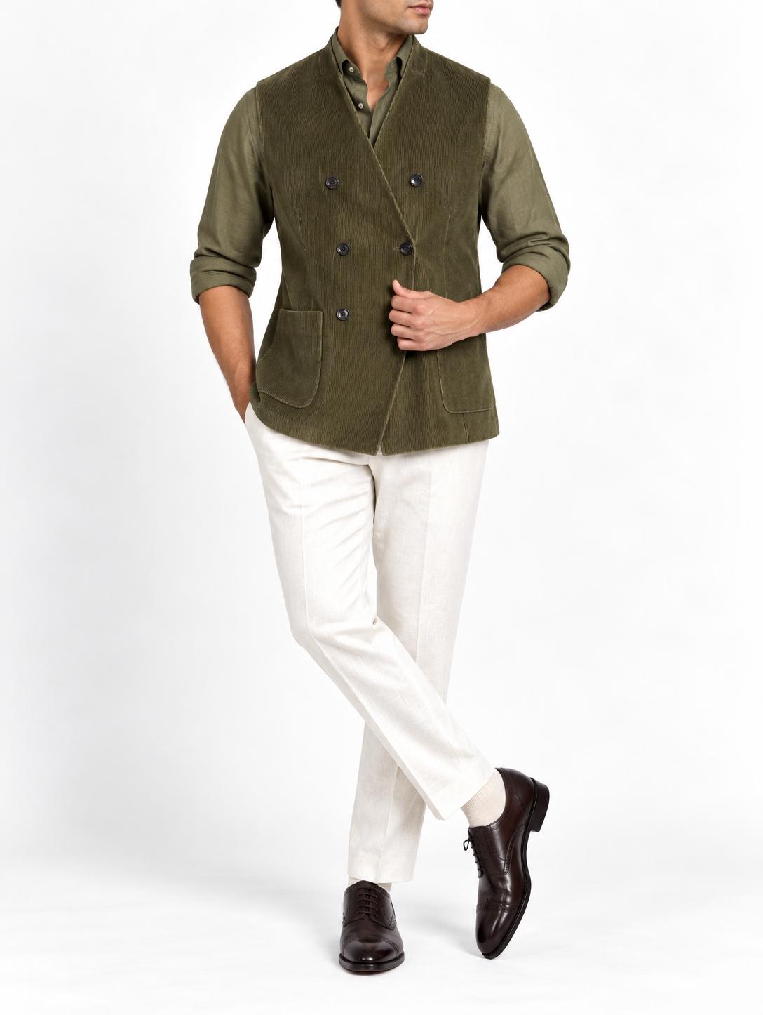 Olive Corduroy Double-Breasted Jacket