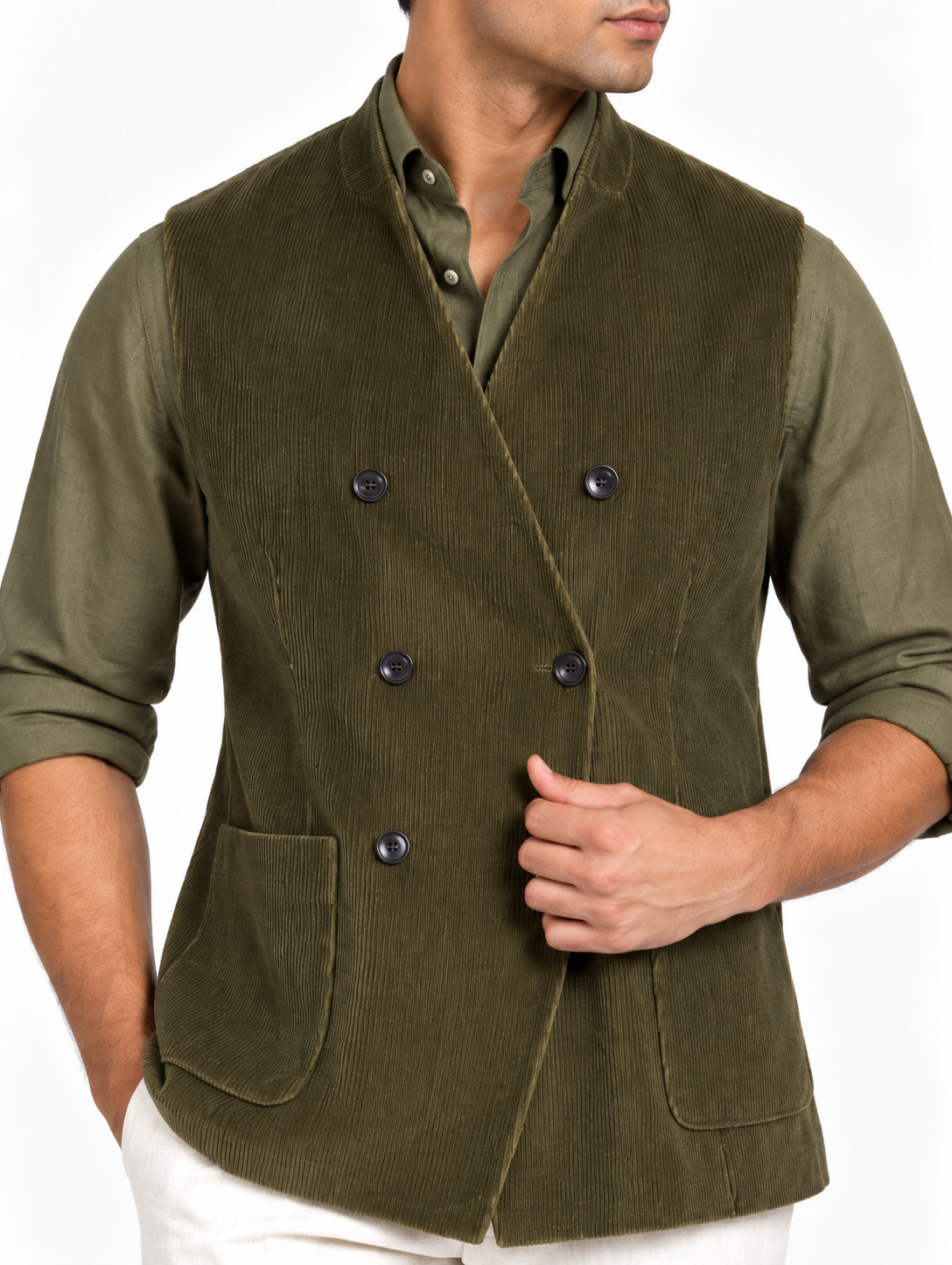 Olive Corduroy Double-Breasted Jacket